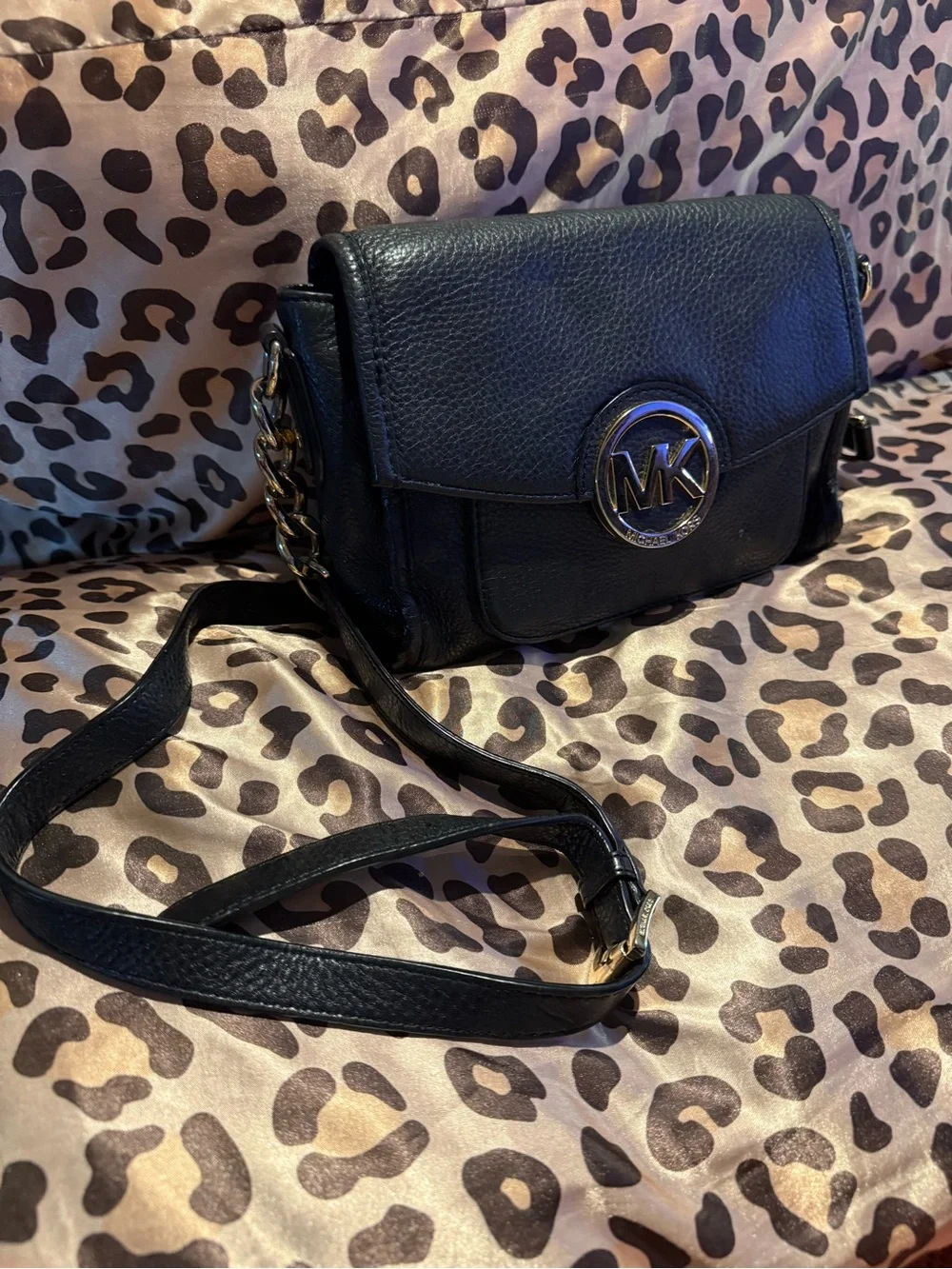 Michael Kors Navy Pebbled Leather Crossbody with Gold MK Logo